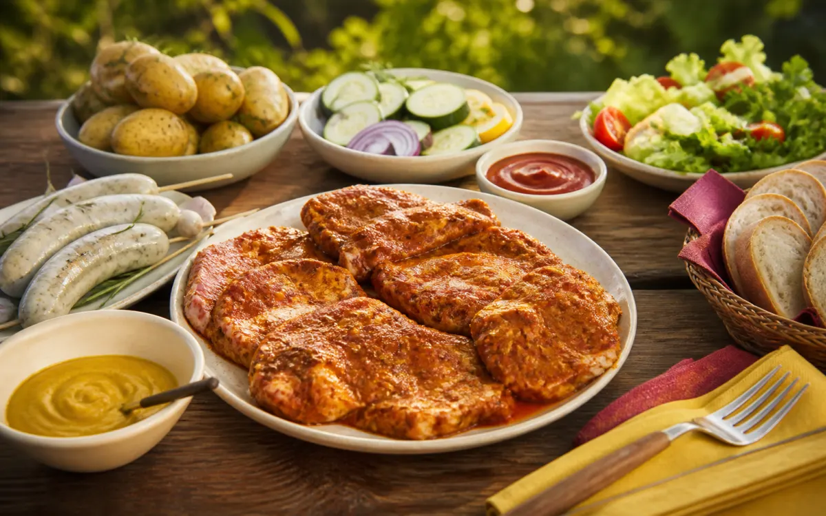 Karkówka, biała kiełbasa i dodatki przygotowane do grillowania