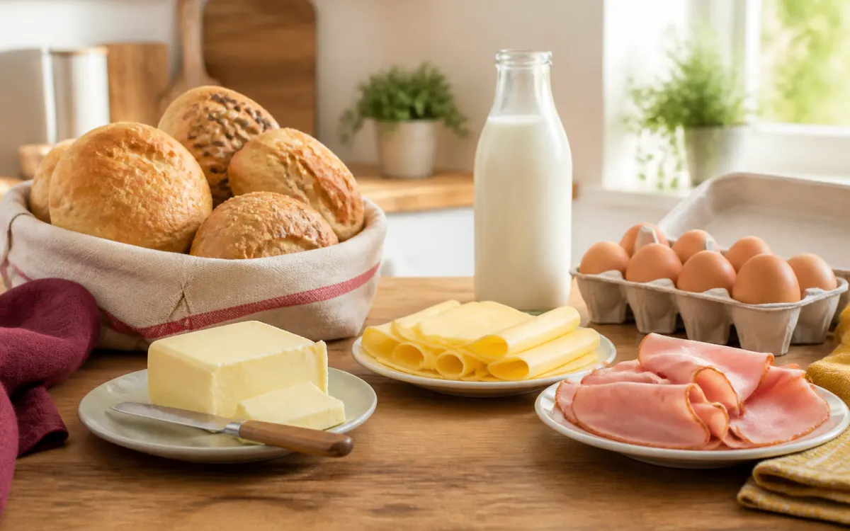 Pieczywo, mleko, jajka, masło, ser i wędlina na pierwsze zakupy