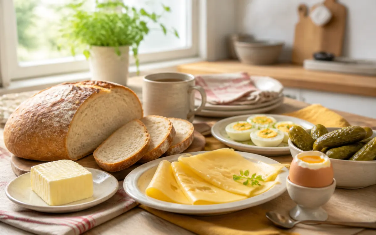 Polskie śniadanie z chlebem, masłem, serem, jajkami i ogórkami